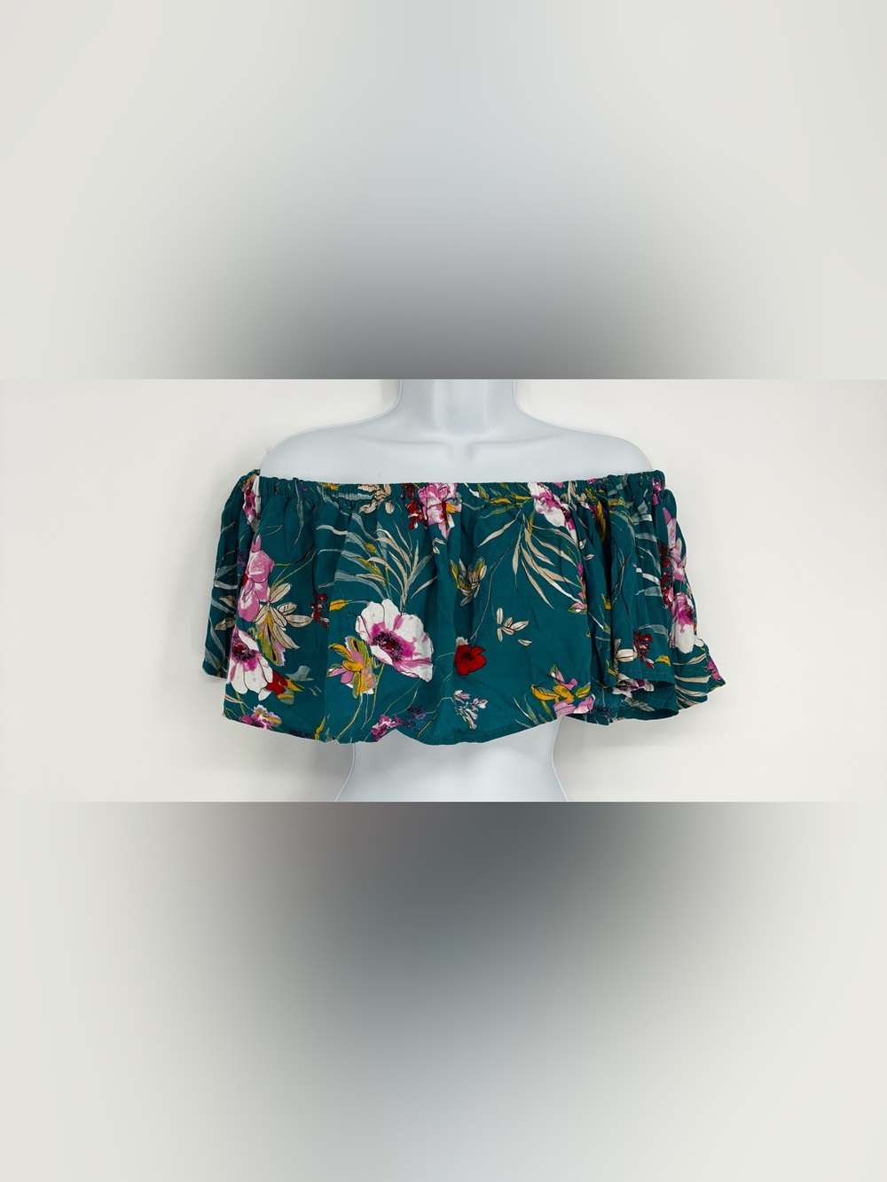 Leith Teal Tropical Floral Off the Shoulder Flounce Top M